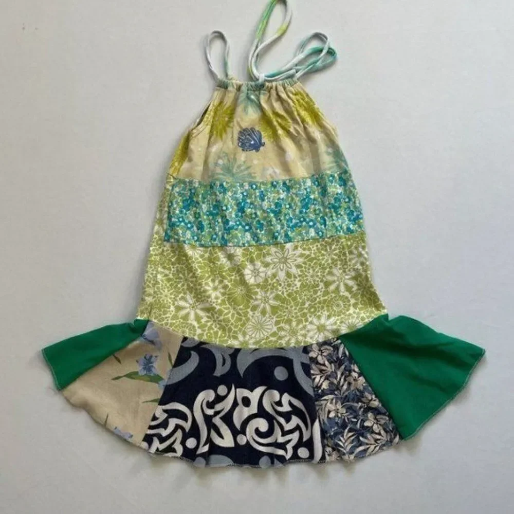 CourtneyCourtney Girls Green Dress 7/8 Sleeveless Halter Twirly Blue Handmade